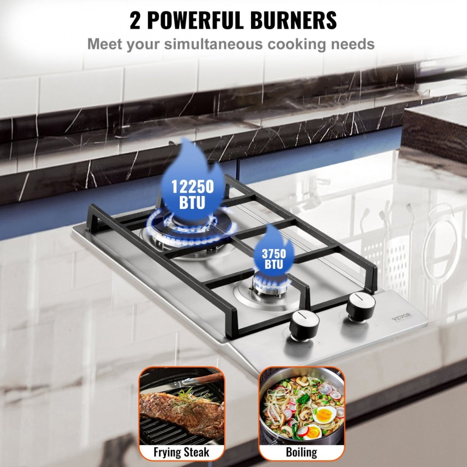 12 inch Built-in Gas Cooktop 2 Burners Max 12250BTU Stainless Steel LPG NG Convertible Thermocouple Protection for Kitchen RV Camping