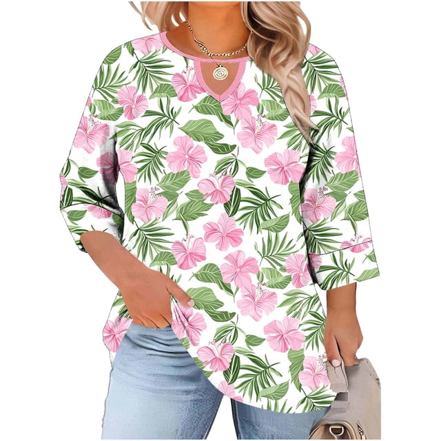 Blusa de corte delantero de cuello de tripulación de las mujeres de tamaño superior, camiseta de impresión de posición libre de manga 3/4 para el verano