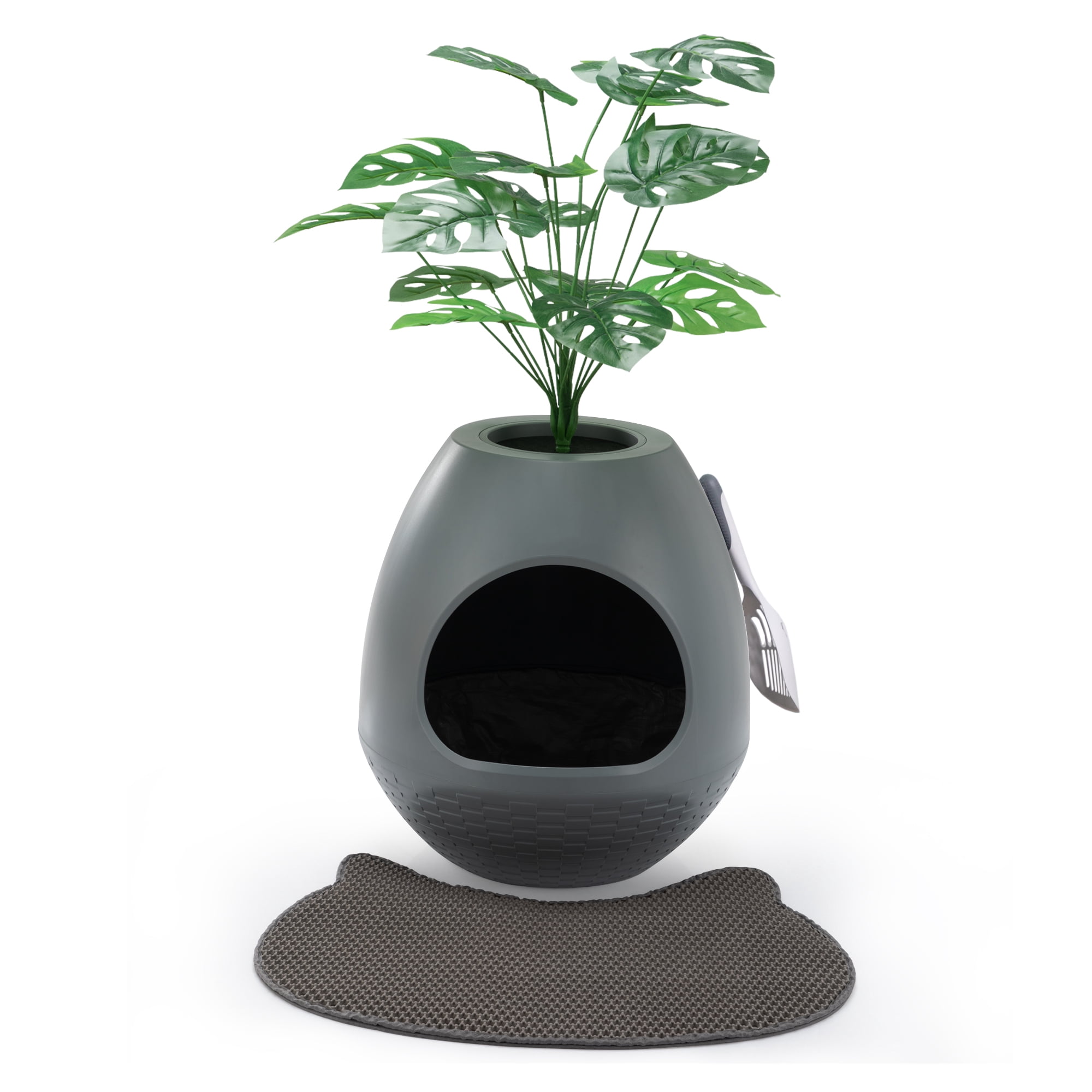 COZIWOW Hidden Cat Litter Box with Artificial Plants Cat Litter Mat Scoop DIY Litter Box Furniture, Gray