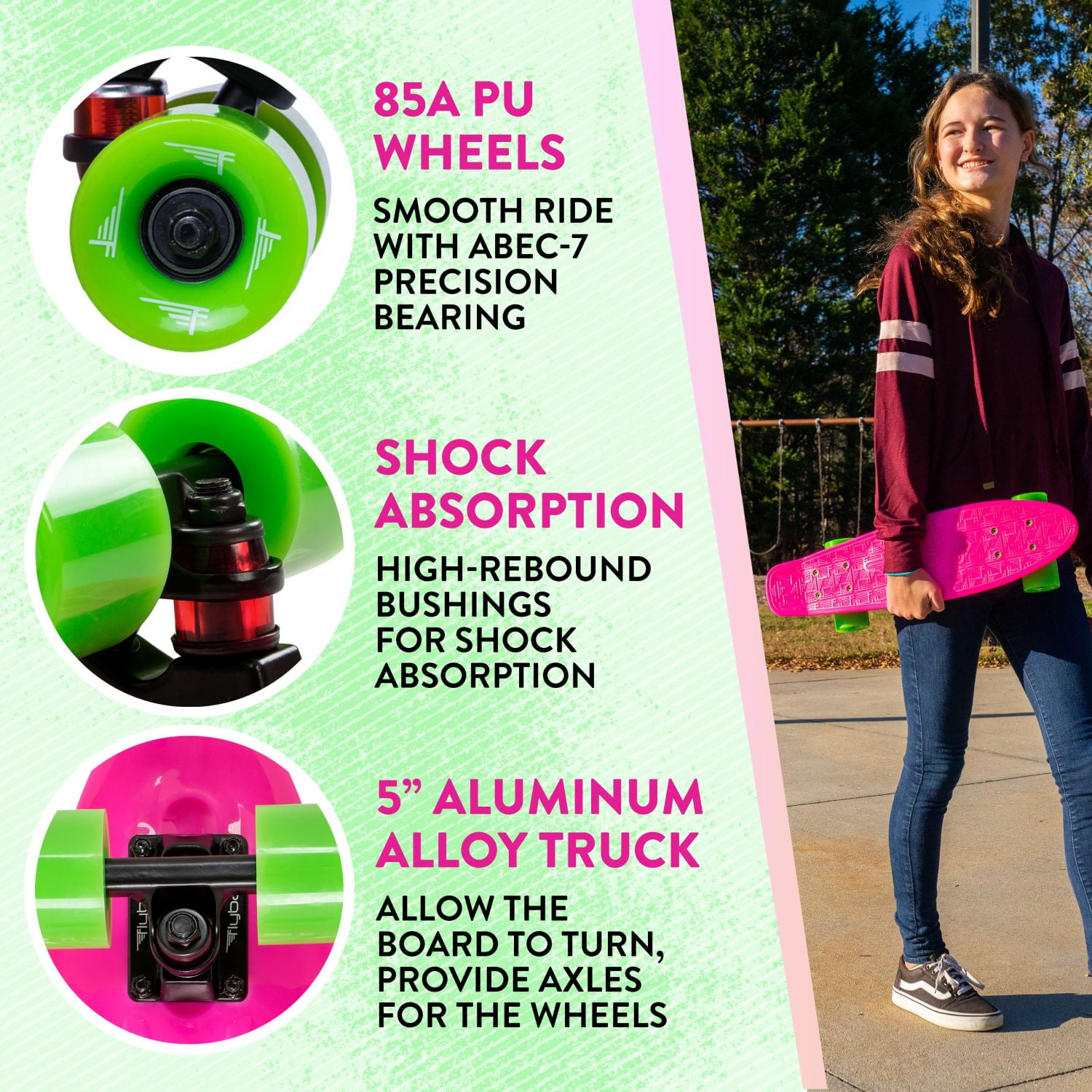 Flybar 22 inch Plastic Cruiser Skateboard, Non-Slip Deck, for Boys and Girls Ages 6+ up to 175lbs, Pink