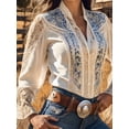 thumbnail image 2 of Women Retro Western Patchwork Blouse with Stand Collar Lace Up and Sheer Lace Long Sleeves, 2 of 3