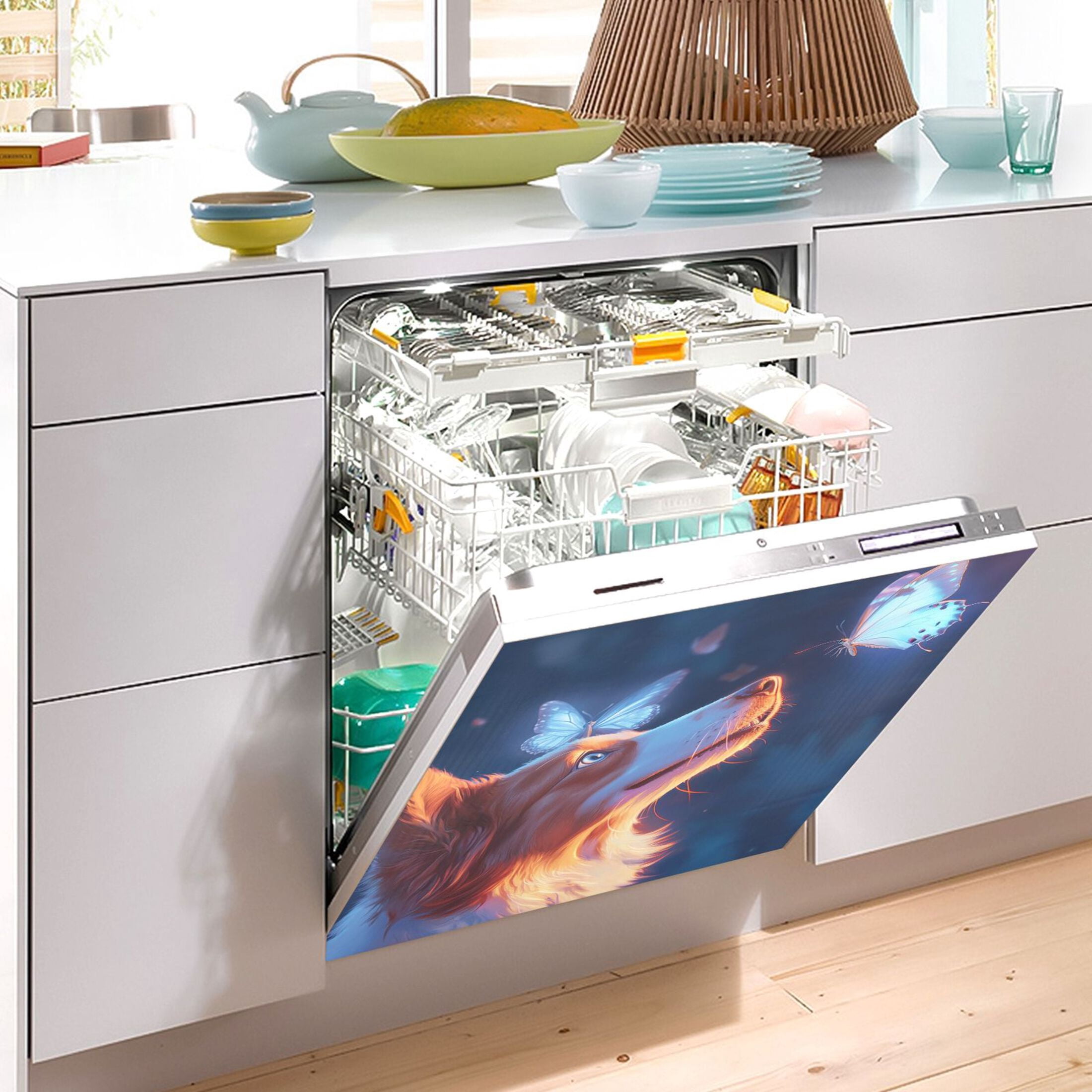 Dishwasher Magnetic Sticker 23x26 Inch Refrigerator Magnetic Sticker Washing Machine Magnetic Sticker Kitchen Panel Magnetic Sticker Home Decor Pretty Dog and Butterfly