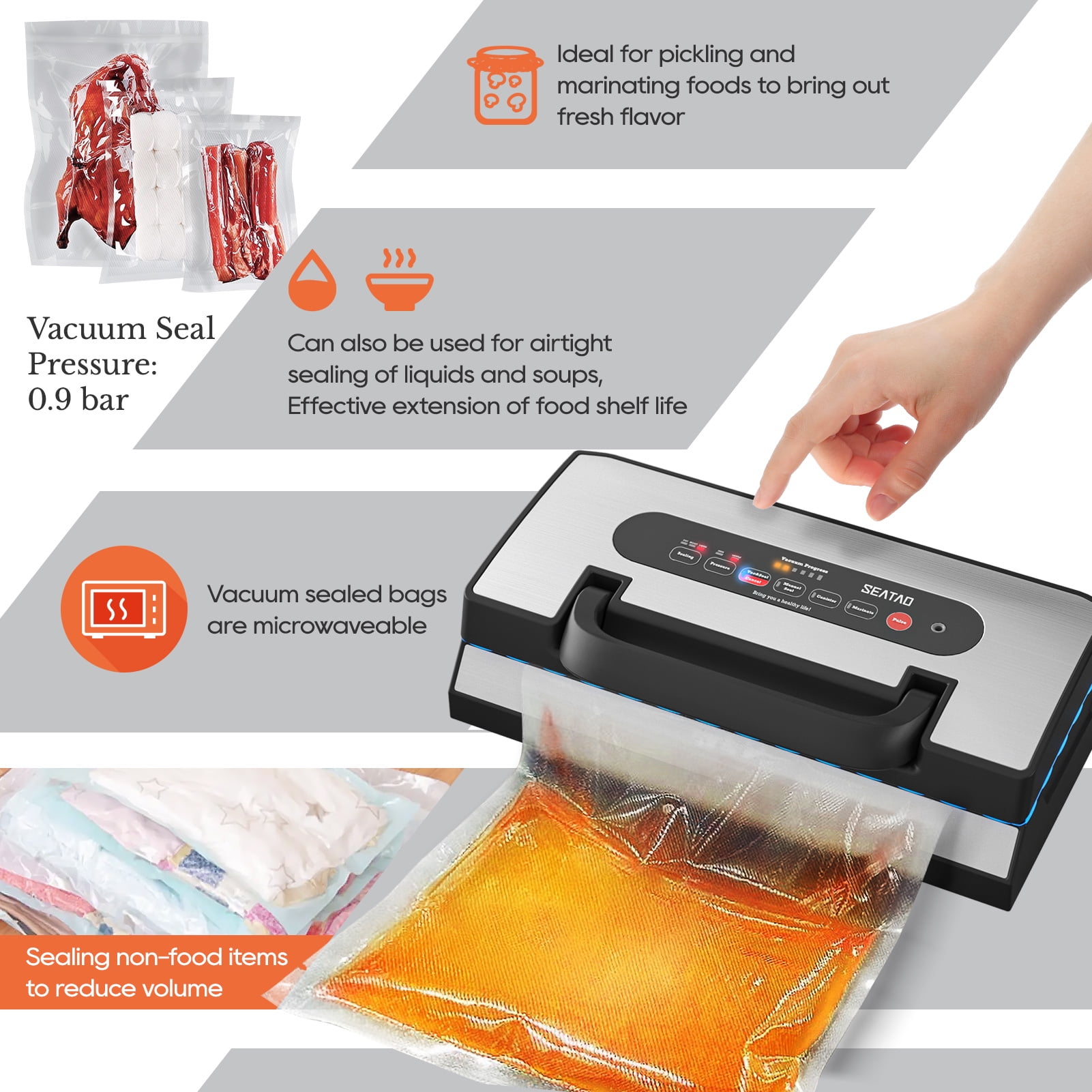 Upgraded Vacuum Sealer for Liquid, SEATAO 90Kpa Vacuum Sealer Machine for Dry/Moist/Liquid Food, Easy-Lock Handle, Double Heat Seal, Built-in Cutter and Bag Storage & Removable Drip Tray