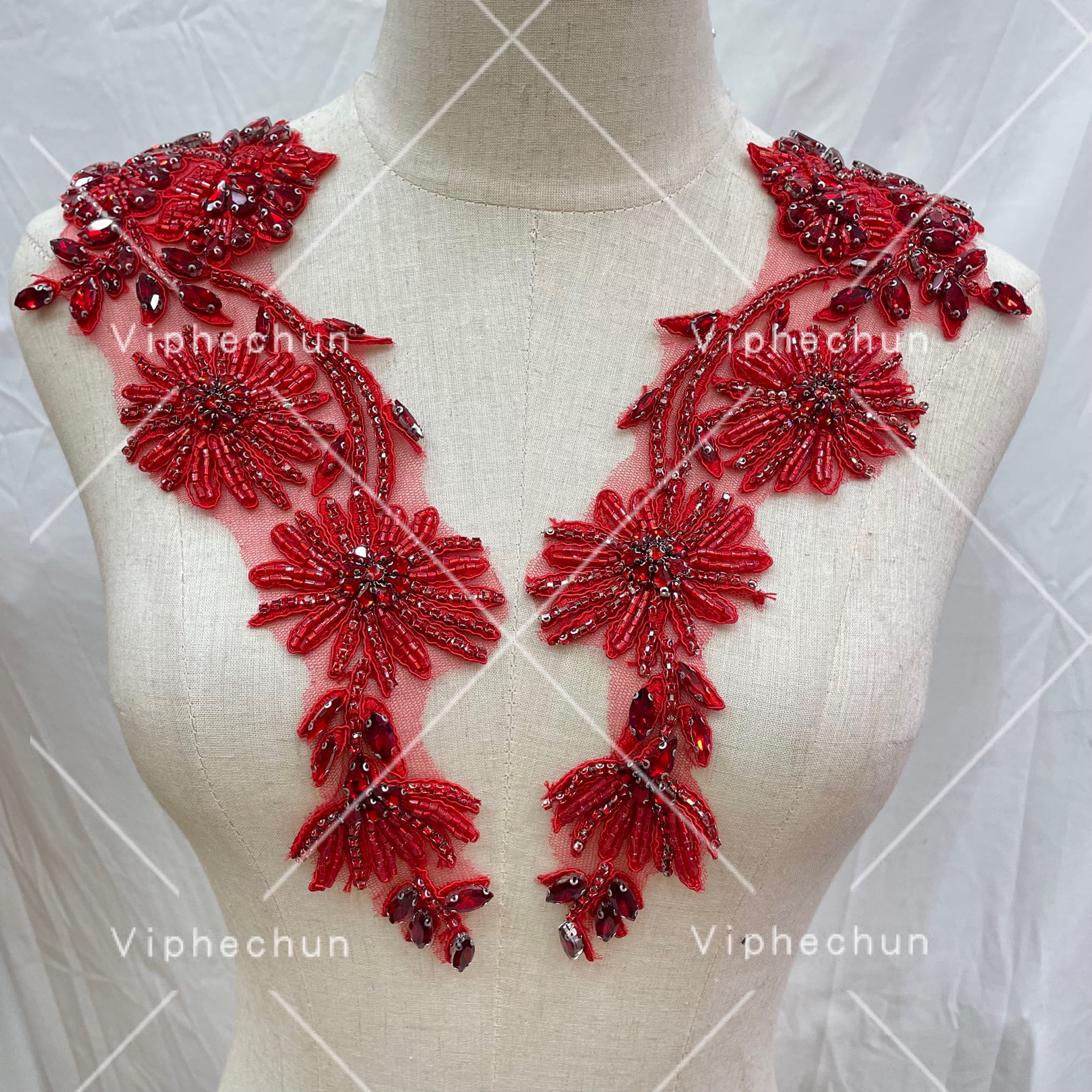 Hot sale customized red handmade rhinestone applique