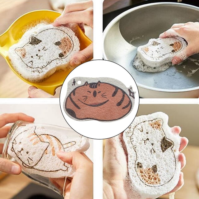 Esponja de limpieza resistente arañazos Esponja de limpieza multiusos de duradero en apariencia de animal con cuerda colgante para lavar plat - Gato naranja perfecl Esponja para fregar