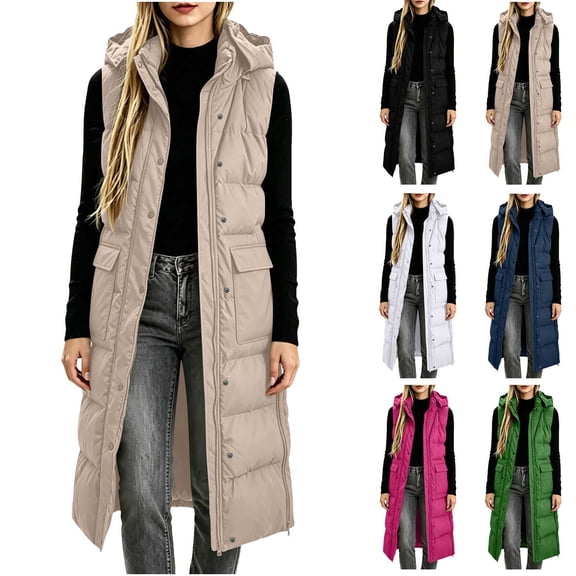 Puffer Vest for Women Long Hooded Lightweight Jackets Sleeveless Zipper Button down Jackets 2026 Casual Fashion Plus Size Outerwear with Pockets
