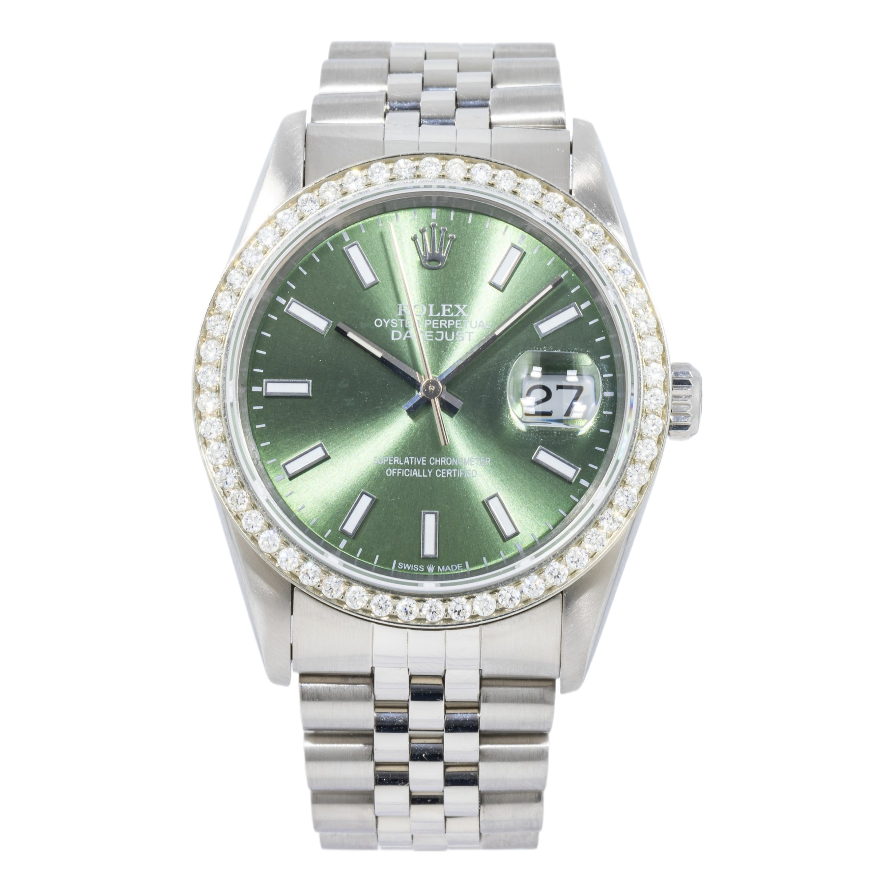 Pre-Owned Rolex Datejust 16234 36MM Green Dial And Diamond Bezel With Stainless Steel Jubilee Bracelet
