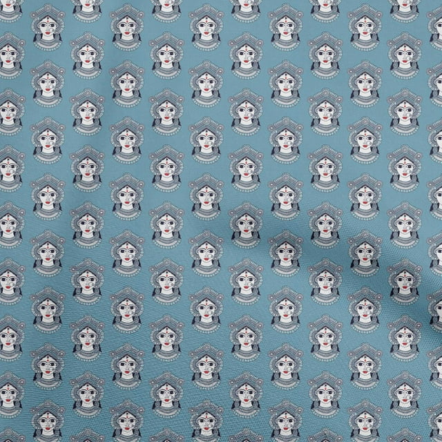 oneOone Georgette Viscose Light Blue Fabric Goddess Durga Face Craft Projects Decor Fabric Printed By The Yard 42 Inch Wide