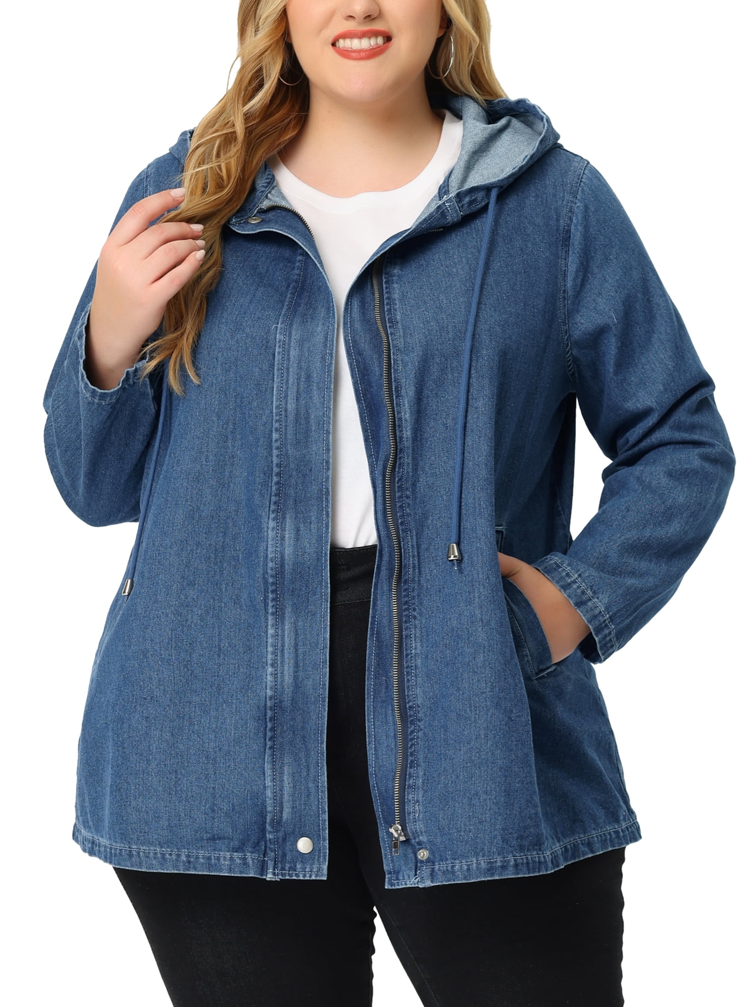 Plus Size Zip-Up Drawstring Hooded Jacket with Pockets