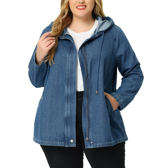 Chaquetas de mezclilla utilitarias con capucha y cordón para mujeres de tallas grandes Agnes Orinda con bolsillos 1X Azul