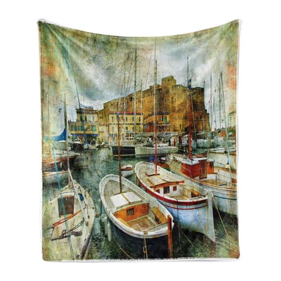 Marine Soft Flannel Fleece Throw Blanket, Naples Small Boats at Historical Italian Coast Heritage Castle Nautical Artwork, Cozy Plush for Indoor and Outdoor Use, 60" x 80", Multicolor, by Ambesonne