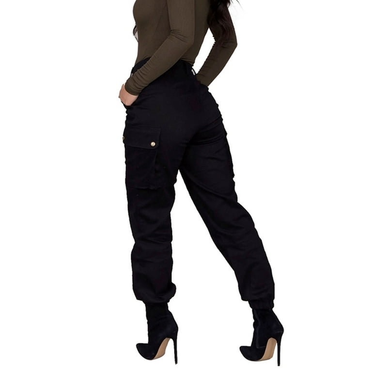 Springcmy Women High Waist Skinny Slim Fit Long Cargo Pants