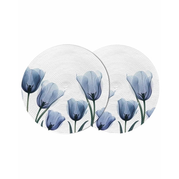 Blue Spring Floral Round 15 Inch Placemats Set of 2, Tulip Blooming Summer Botanical HeatResistant Non Slip Place Mats for Dining Table, Wipeable Braided Kitchen Table Mats for Housewarming