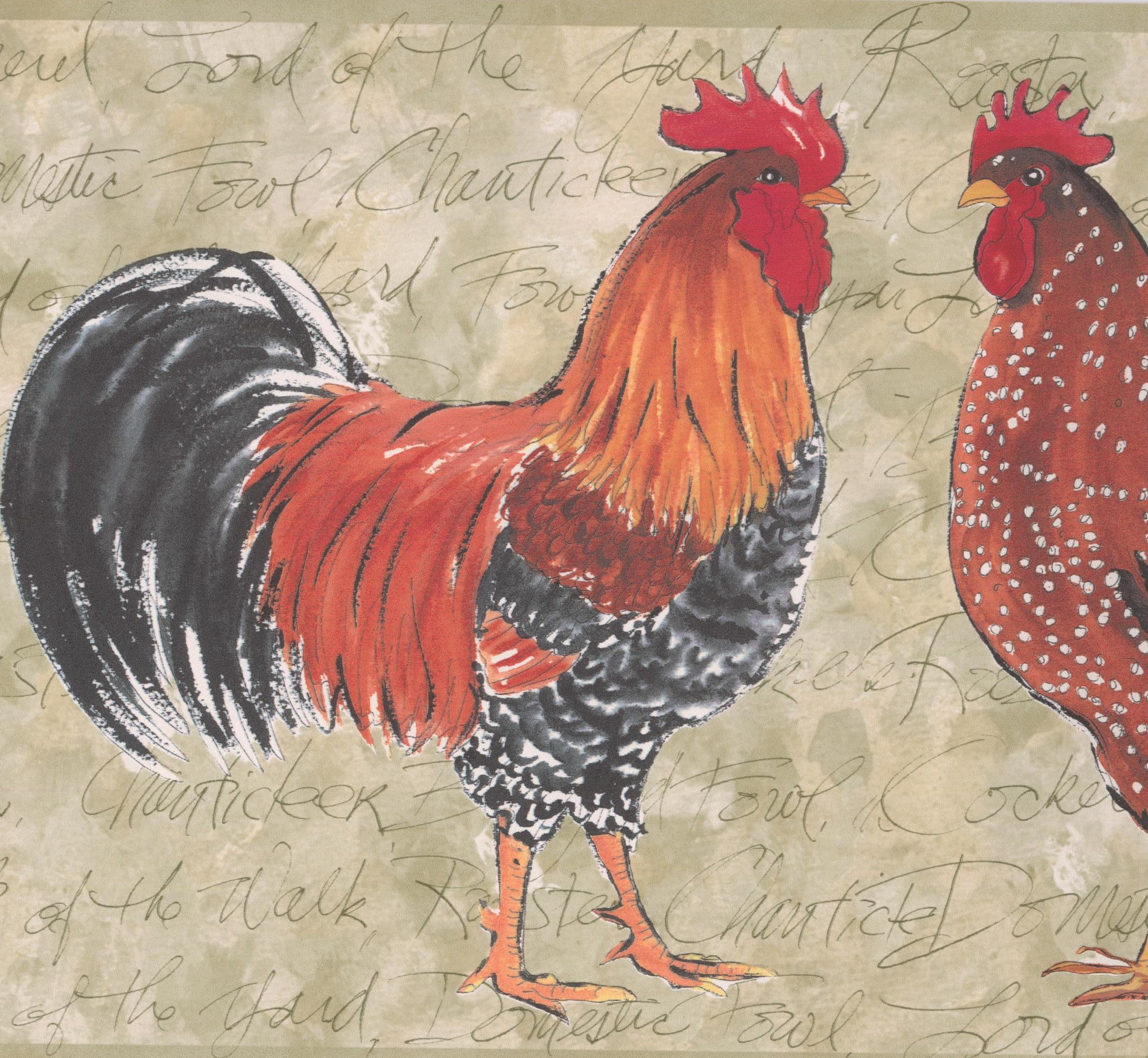 Wallpaper Border Colorful Roosters Grey Wall Border Retro Design