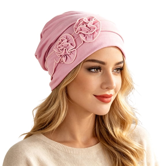 Chemo Headwear for Women Flower Pleated Beanies Stretch Elastic Turbans Soft Cancer Hats Head Coverings Scarf,Pink