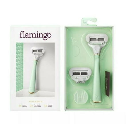 Flamingo Mint and Gold Razor PLUS 6 Refills and Flamingo Shave Gel 6.7