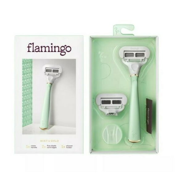 Flamingo Mint and Gold Razor PLUS 6 Refills and Flamingo Shave Gel 6.7 Oz