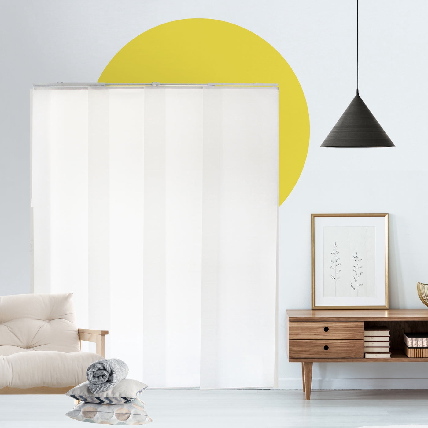 Adjustable Cordless Light Filtering Panel Track Blinds, Vienna Snow - 46"-86"W X 0"-96"H