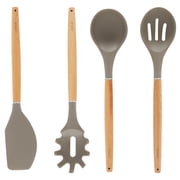 7-Piece Silicone and Bamboo Kitchen Utensils Set with Holder for Cooking, Virtually Non-Stick, with Ladle, Slotted Turner, Slotted Spoon, Serving Spoon, Pasta Server, Spatula, Scratch-Resistant