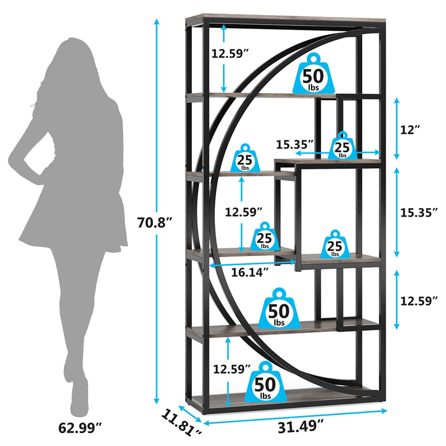 Demi Bonn 70"dustrial Bookshelf Bookcase with 8 Open Storage Shelf for Bedroom, Living Room, Gray