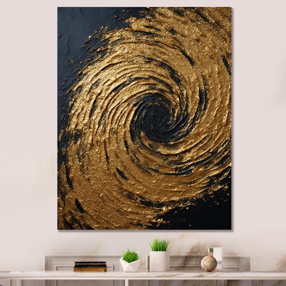 Designart "Abstract Spiral Symphony in Gold and Black" Abstract Canvas Wall Art - Modern Black Abstract Spirals Hallway Wall Art Decor