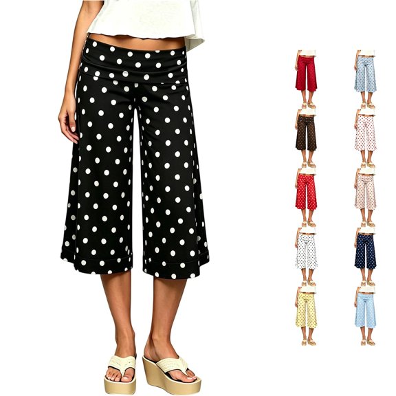 RUTAYY Women's Pants Cropped Wide Leg Polka Dot Fold Over Waist Loose Stretch Casual Trousers Black