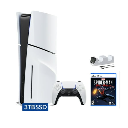 PlayStation 5 Slim Disc 3TB SSD Edition Bundle with Spider-Man: Miles Morales and C-Gamers Dual-Controller Charger - PS5 White