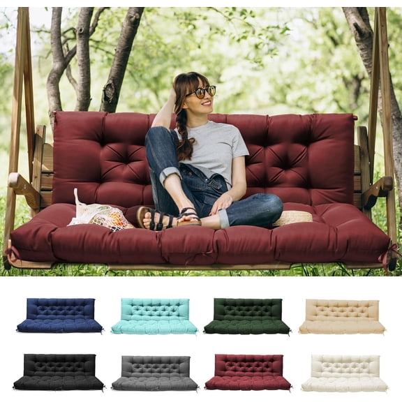 Porch Swing Cushions with Backrest, Waterproof Outdoor Swing Cushions Replacement for Patio Furniture, 2-3 Seater Outdoor Swing Bench Cushions Replacement with Ties (Red, 60x40 Inches)