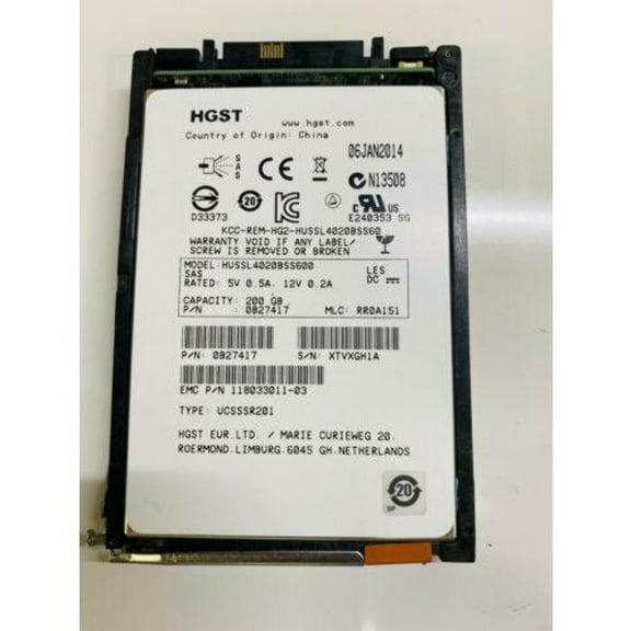 HGST Ultrastar 200GB 6Gb/s 2.5 SAS SLC SSD HUSSL4020BSS600 PN: 0B27417 Disco