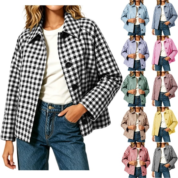 Admvng Womens Gingham Plaid Jacket Button Down Lapel Long Sleeve Cropped Casual Checkered Outerwear