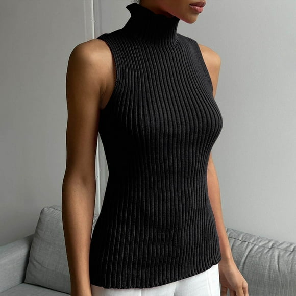 Pitauce Womens Turtleneck Ribbed Knit Tank Tops Slim Fit Sleeveless Shirts Spring Fall Basic Tops Solid Pullover Sweater Vest