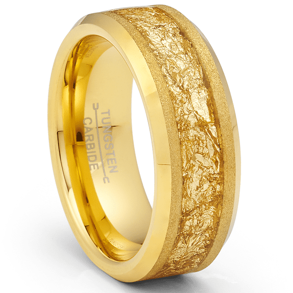 Metal Masters Gold Plated Tungsten Carbide Ring Mens Wedding Band Gold Nugget Flakes Inlay 8MM Comfort-Fit