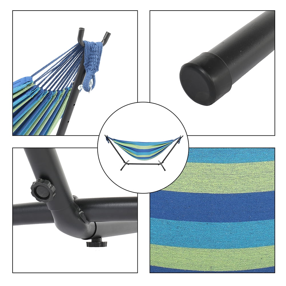 Lowestbest 9ft Steel Pipe Hammock Frame with Cotton Hammock, Natural Rope Iron Hammock Set For Garden, Outdoor, Blue Lowestbest 9ft Steel Pipe Hammock Frame with Cotton Hammock, Natural Rope Iron Hammock Set For Garden, Outdoor, Blue