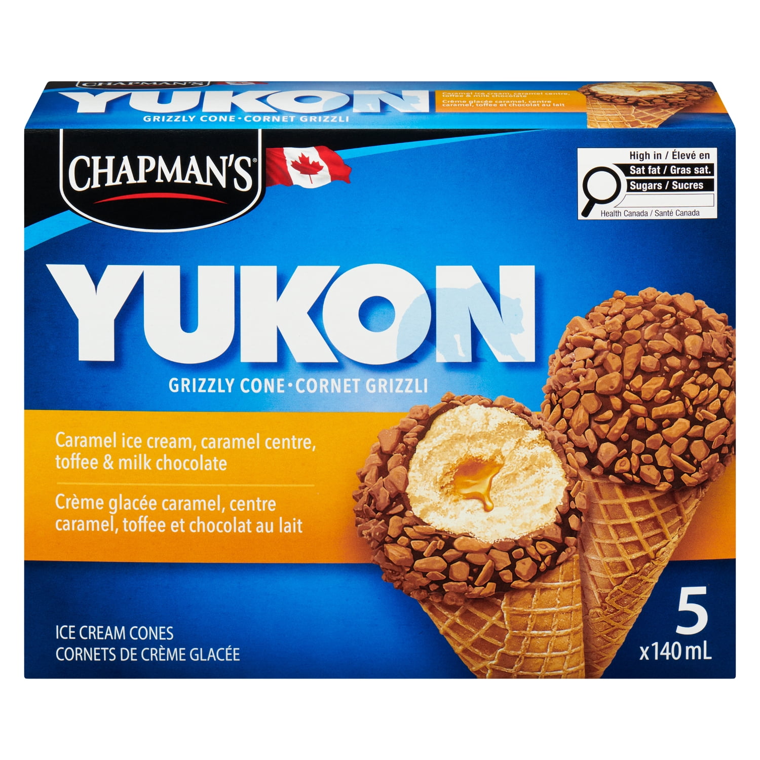 Chapman's Yukon Grizzly Caramel and Toffee Ice Cream Cone in a Box, 5 x 140mL