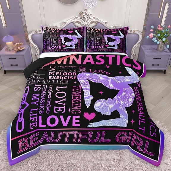 Homewish Gymnastics Sport Bedding Comforter Set,Gymnastics Dancing Lovers Twin Comforter Sets,Pink Purple Black Bedding Set For Girls Kids,Ultra Soft Home Decor Reversible,2 Pieces