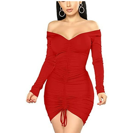 

Juebong Women Sexy Deep V-Neck Drawstring Pleated Hip Skirt Long Sleeve Tight Dress