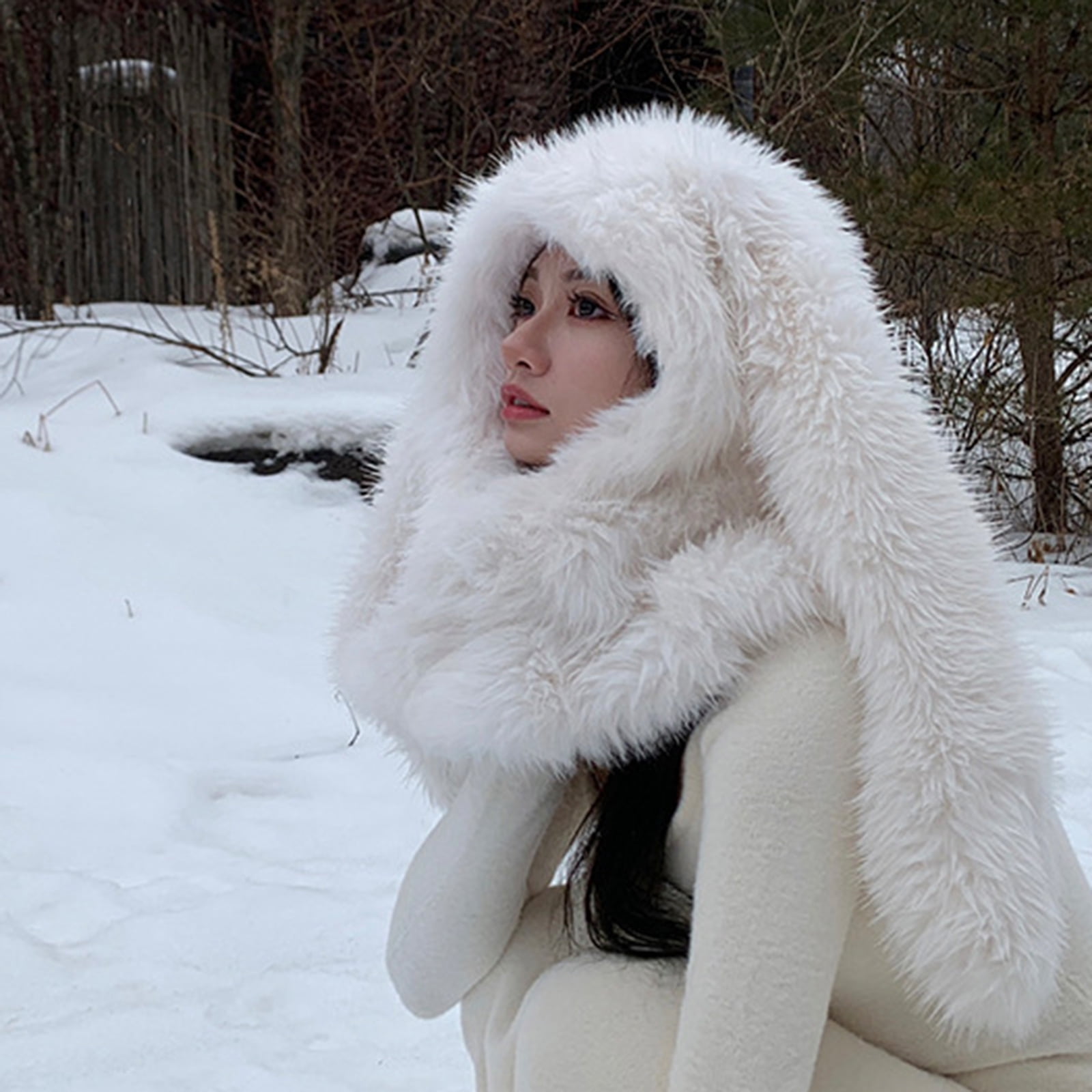Furry Plush Neck Scarf Hat Soft Headcover Cap Teens Girls Rabbits Ear Bonnet Cap