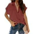 thumbnail image 2 of Short Sleeve Solid Color Women Turn-Down Collar Casual Button Blouse Tops, 2 of 5