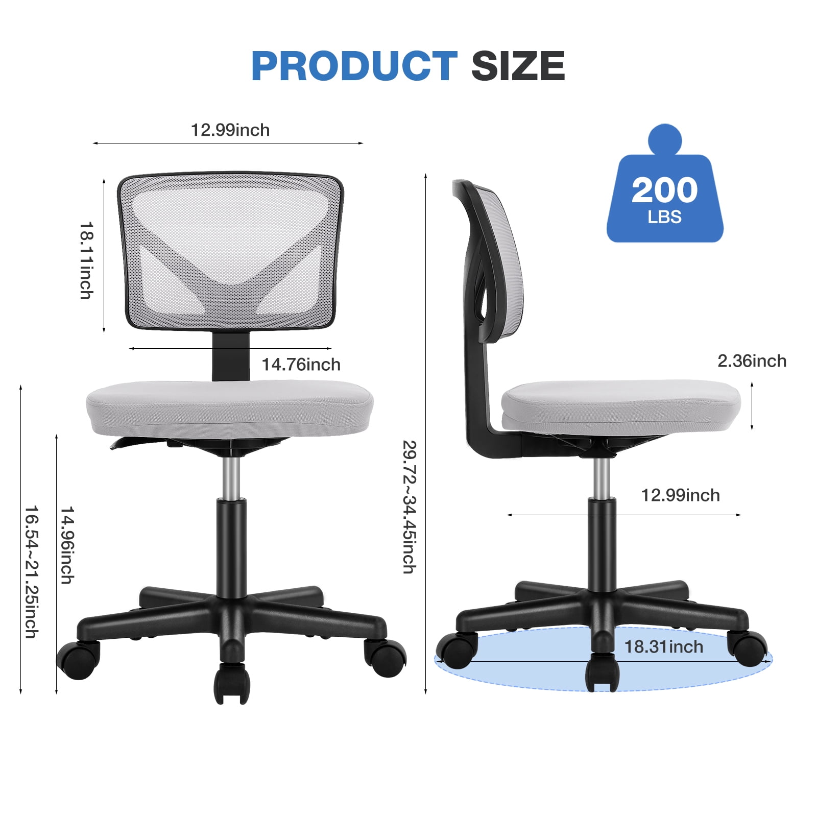 Gianna Armless Desk Chair with Low Back Adjustable Ergonomic Rolling for Home Office Study
