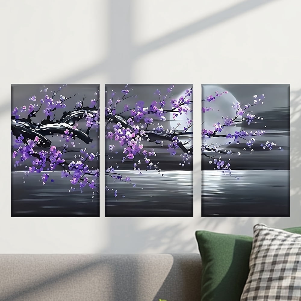 3pcs/set, Canvas Painting--Unframed, a Painting of a Tree with Purple Flowers, Abstract Art, Perfect Birthday,