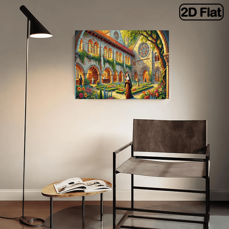 A 2D flat horizontal "Courtyard of a church with a nun" 500 - piece puzzle. USA 250th Anniversary. The size is 20.4 * 14.9 inches.