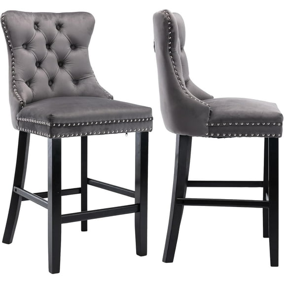 Rhomtree 27" Modern Velvet Upholstered Bar Stools with Wood Legs Button Tufted Chrome Nailhead Counter Height Bar Stools Seat Armless Bar Chairs for Kitchen Island or Home Pub (Gray, Set of 2)