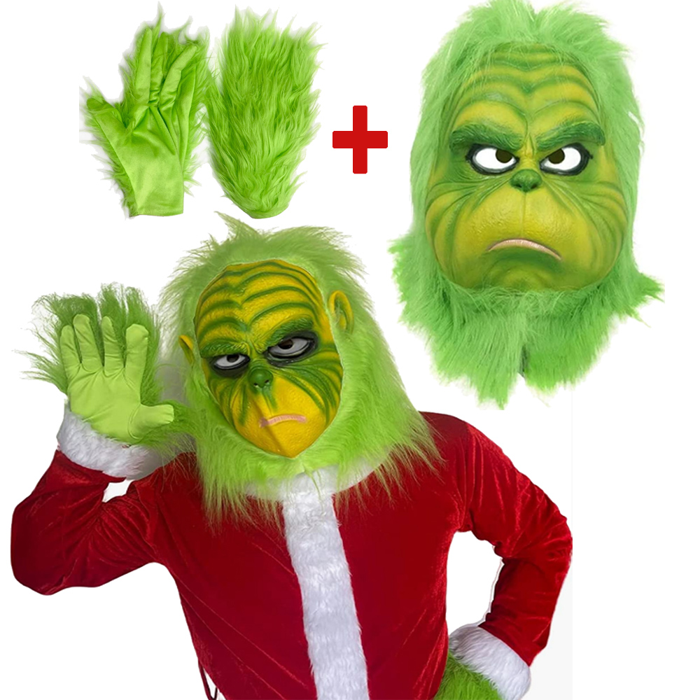 Grinch Christmas Mask and Gloves,Christmas Costume Accessories,Green