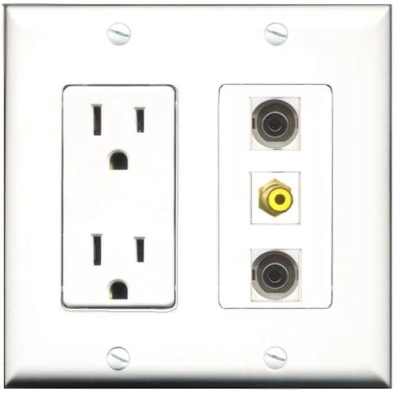 RiteAV - 15 Amp Power Outlet 1 Port RCA Yellow 2 Port 3.5mm Decorative Wall Plate