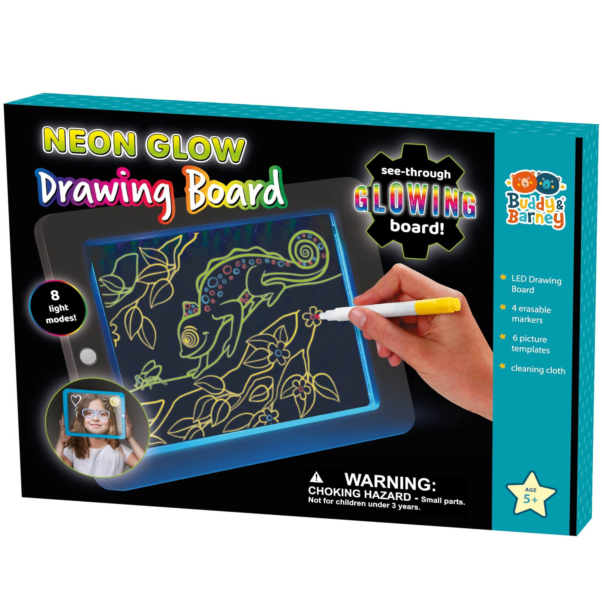 Buddy & Barney: Neon Glow Drawing Board - See-Through Light-Up Drawing Surface, 8-Mode Glowing LED, 4 Erasable Pens, Creative Activity, Kids Ages 5+
