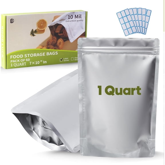 60 count 1 Quart Mylar Bags for  Storage - ExtraThick 10 Mil - Smell Proof Mylar bag 1 Quart - Stand-Up Zipper Pouches 7x10 Inch - Small  Container Sets - Heat Sealable