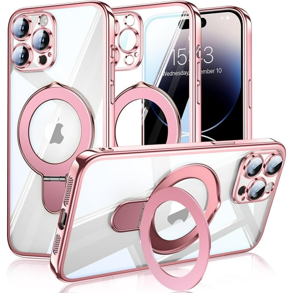 Magnetic for iPhone 14 Pro Max Case Magsafe Clear with Invisible Stand Kickstand Camera Protector Plating 10FT Shockproof Soft Rubber Protective Phone Case (Pink)
