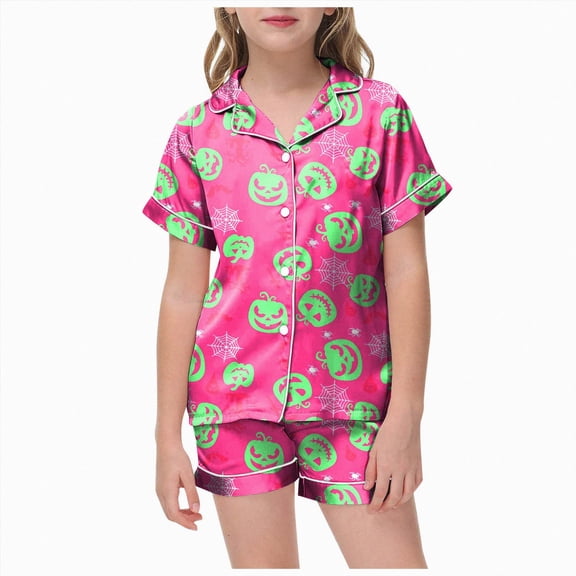 HCNTES Girls Halloween Pajamas Girls Halloween Pajamas 2 Piece Pumpkin Ghost Sleepwear Short Sleeve Jammies for Kids Button-Down Nightwear Girl Pjs