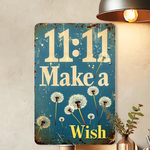 1-Pack Dandelion Wishes Vintage Metal Tin Sign - Rustic Iron Wall Art With 11:11 Time & "Make A Wish" Design, Distressed Blue Background & Golden Lettering - 8x12 Inch Indoor/Outdoor Decor For Home