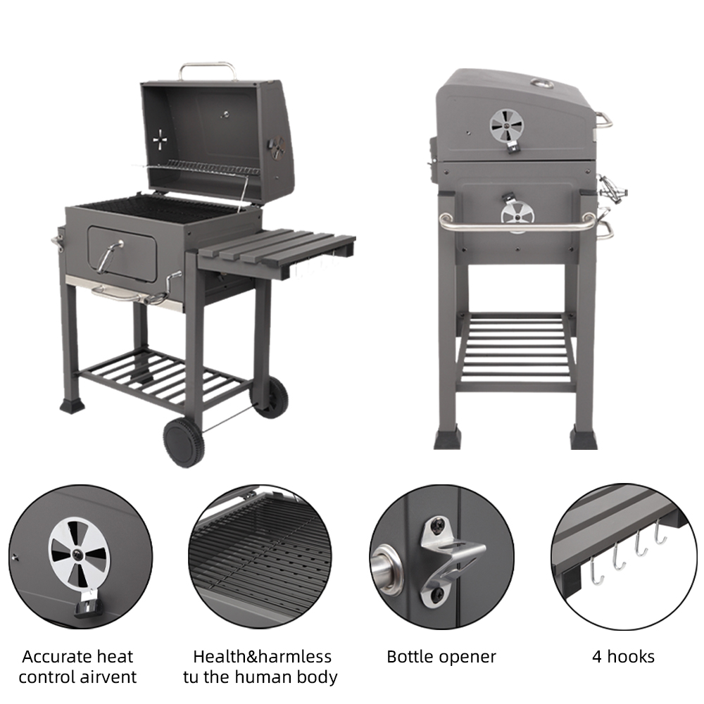 enyopro BBQ Charcoal Grill, Cast Iron Grill Large Portable Picnics Barbecue Grill, Home Smoker Barbecue Oven with Wheels & Thermometer for Outdoor Courtyard Picnic Camping Patio Backyard, B1004 - image 5 of 10